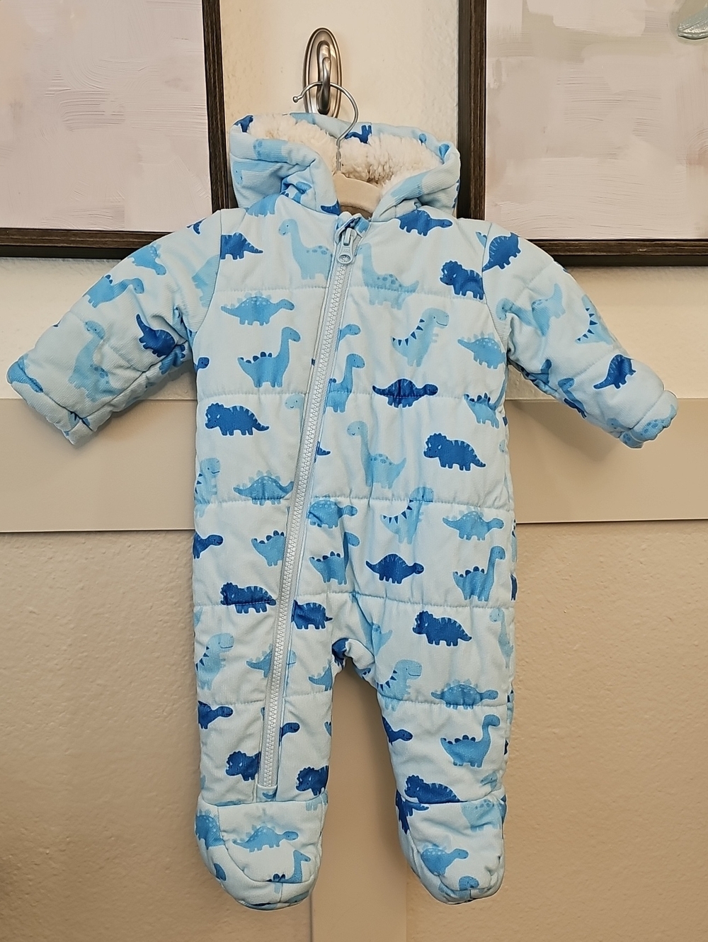 🦕 Dunnes Stores Baby Boy Blue Dinosaur Hooded Padded Snowsuit / Pramsuit 0-3m
